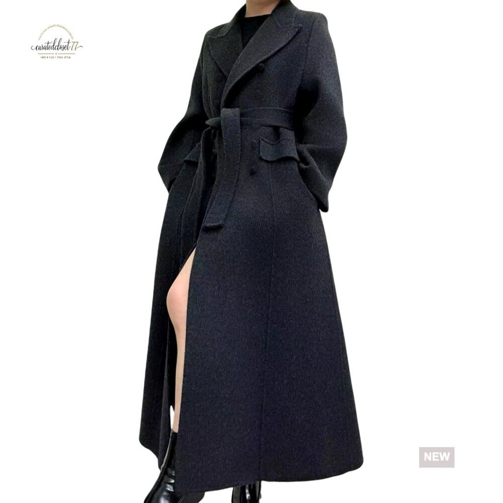 Long Wool Pea Coat Double Breasted Trench with Belt Mid-Calf Length